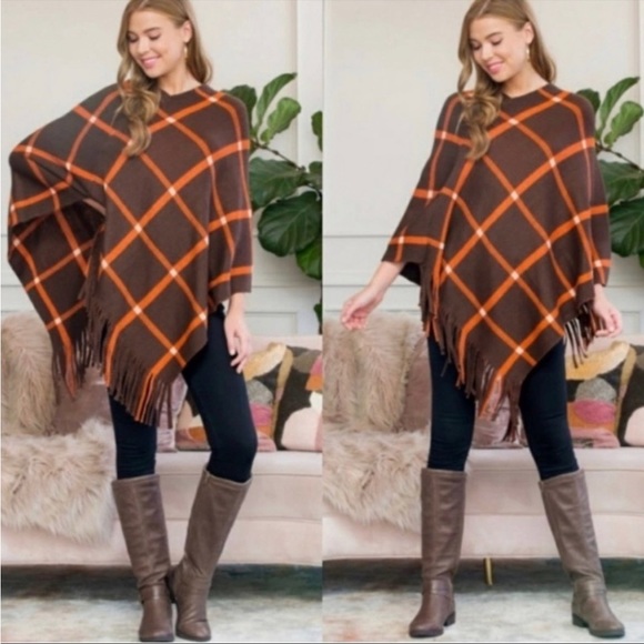 Brown Grid Lines Fringe Poncho - Picture 1 of 3